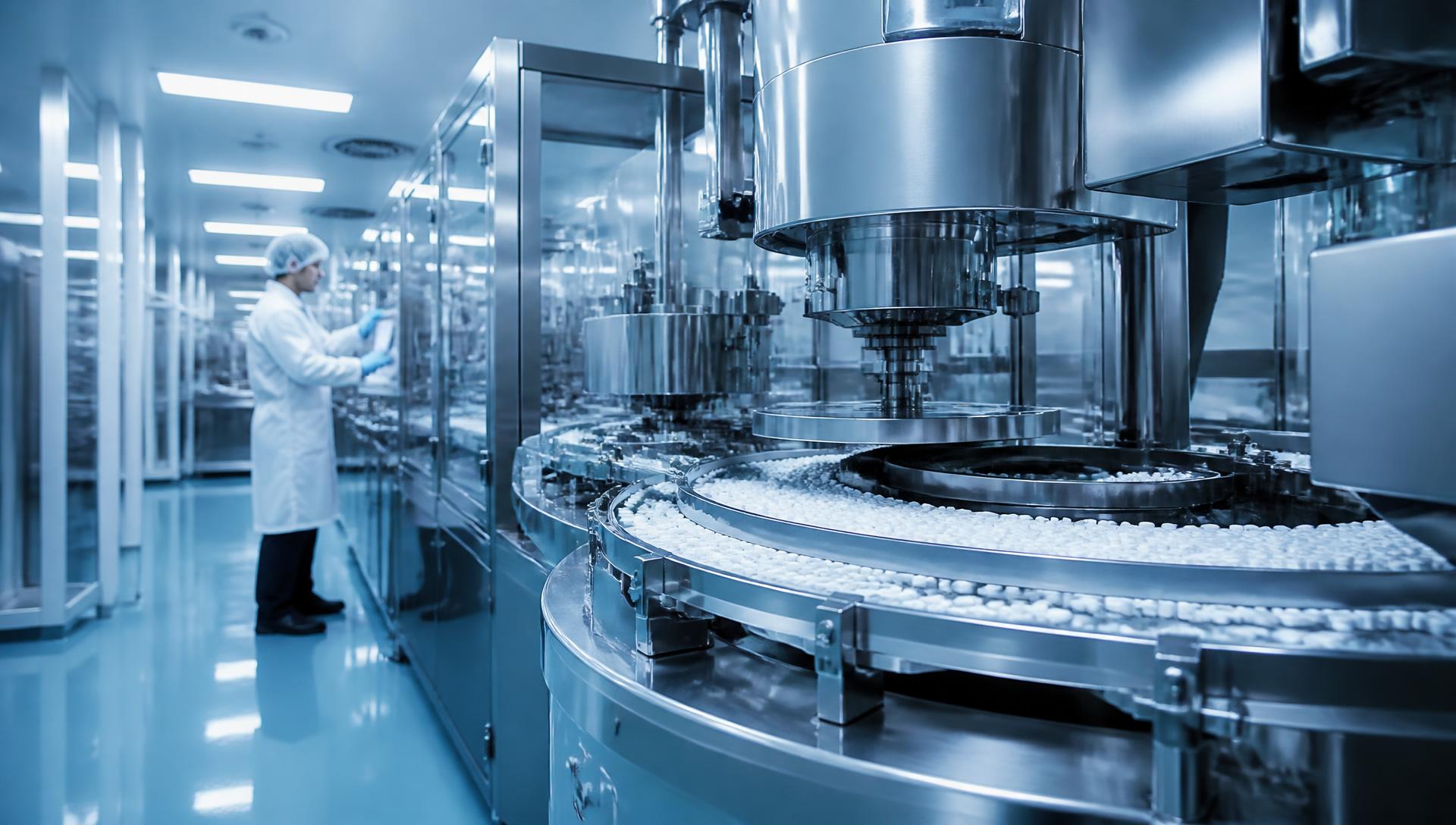 Pharmaceutical tablet manufacturing line in a clean production facility